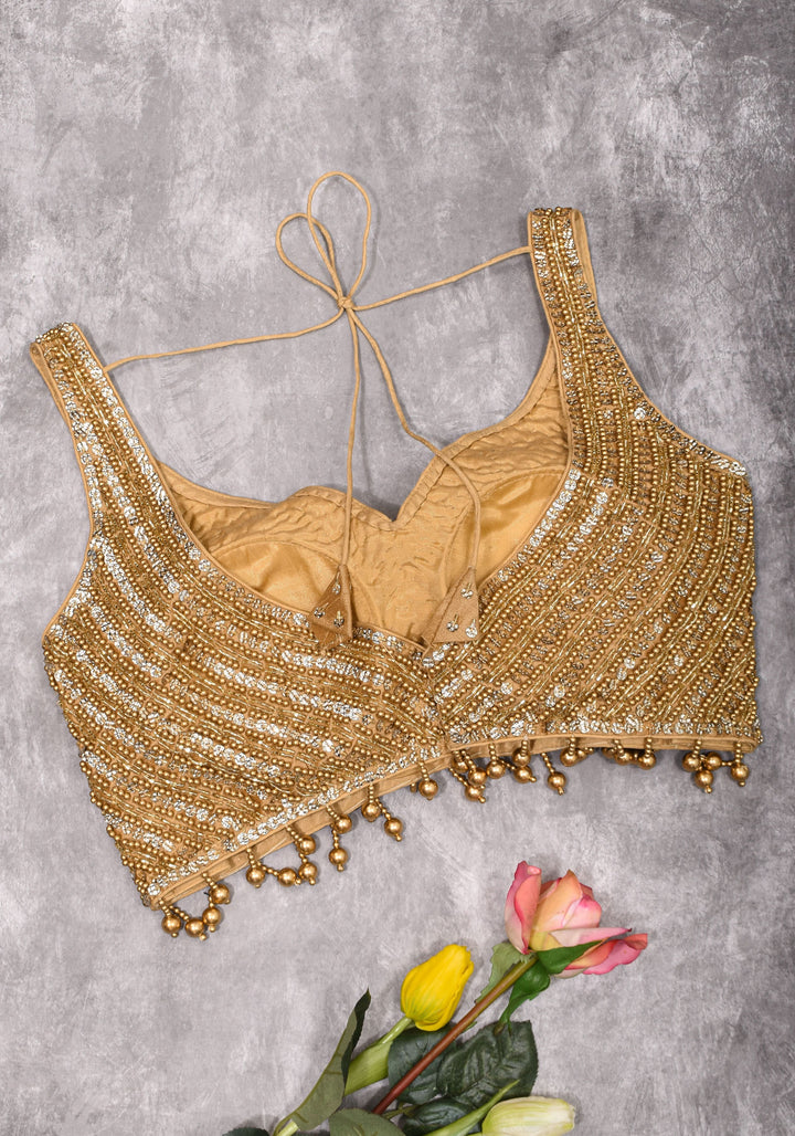 Moti Jadau Blouse with Gold translucent beads, Leaf neck with Sleeveless Blouse, Made to Order