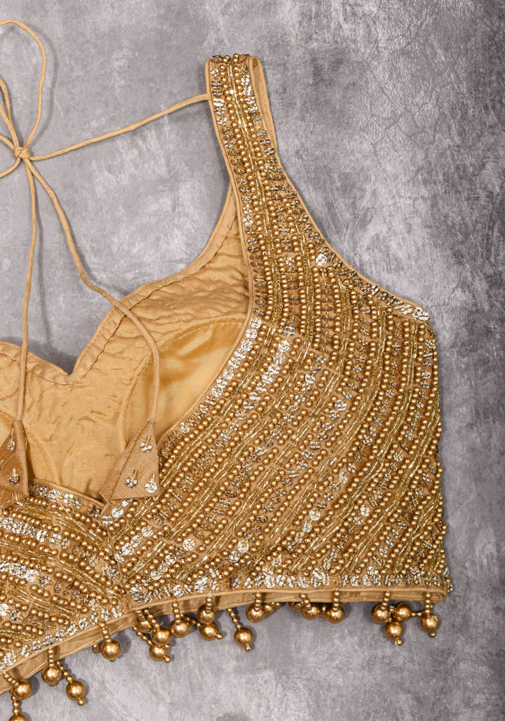 Moti Jadau Blouse with Gold translucent beads, Leaf neck with Sleeveless Blouse, Made to Order