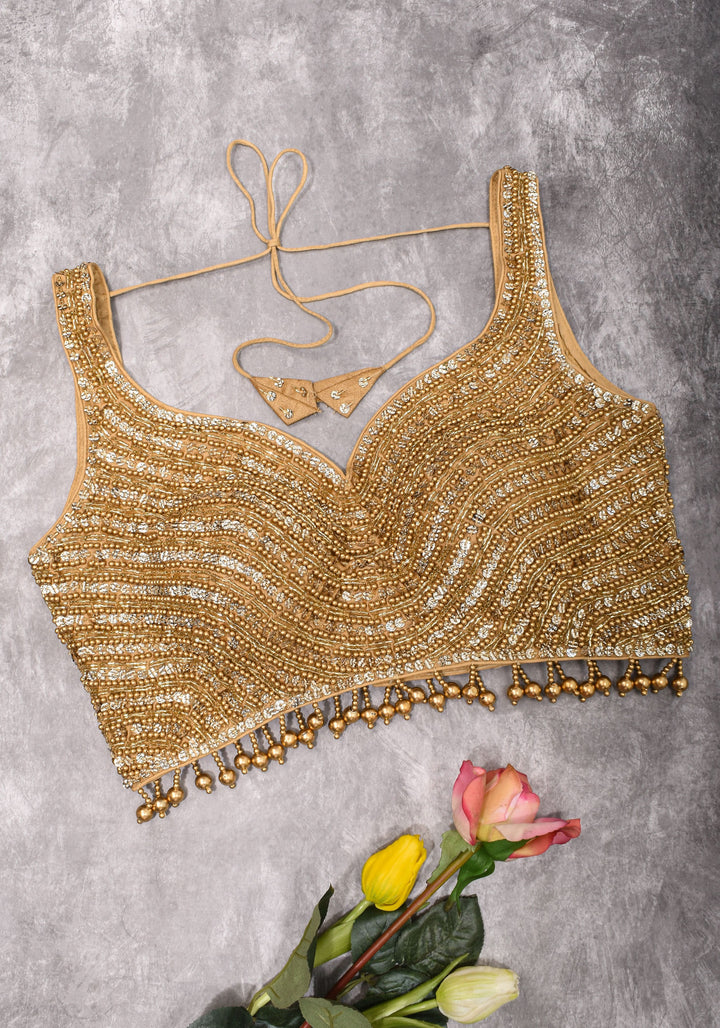 Moti Jadau Blouse with Gold translucent beads, Leaf neck with Sleeveless Blouse, Made to Order