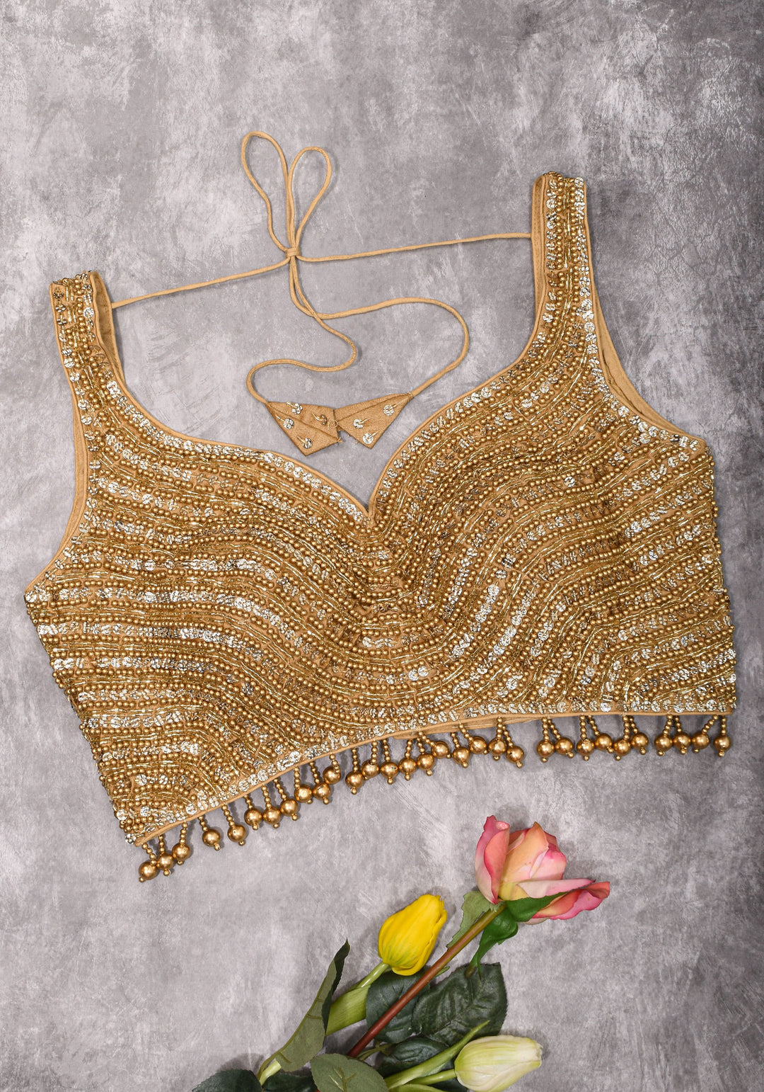 Moti Jadau Blouse with Gold translucent beads, Leaf neck with Sleeveless Blouse, Made to Order