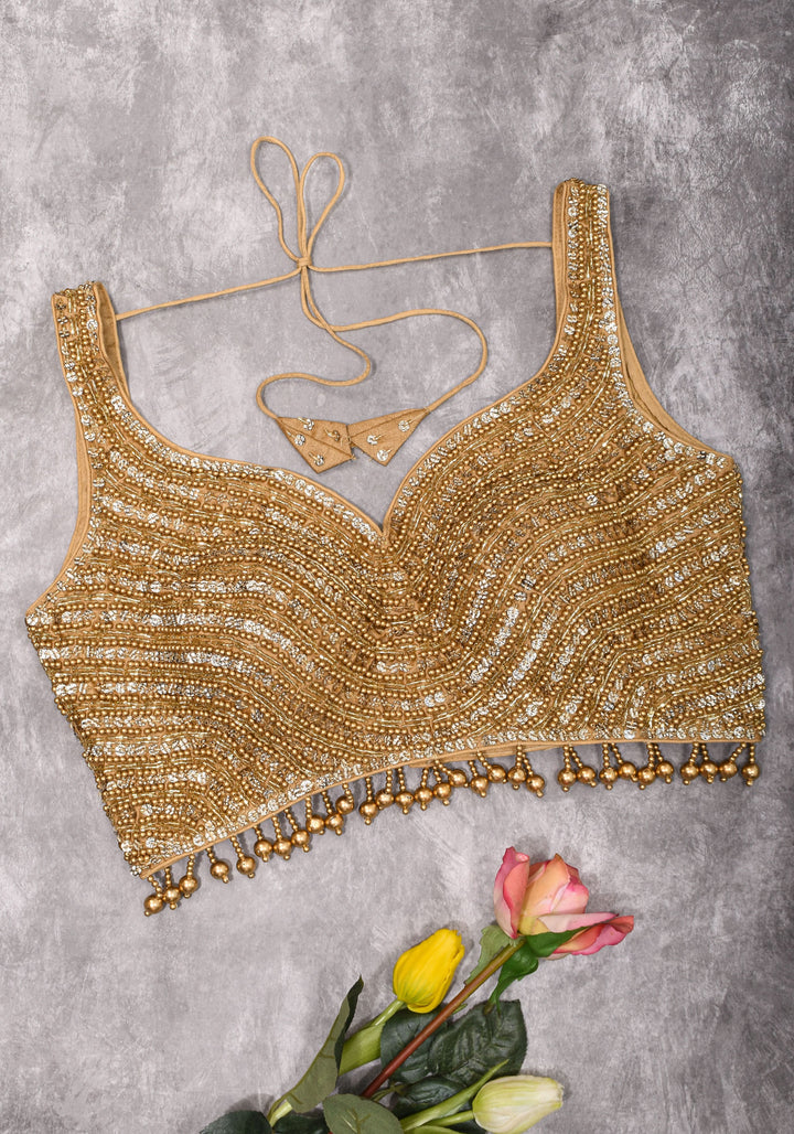 Moti Jadau Blouse with Gold translucent beads, Leaf neck with Sleeveless Blouse, Made to Order