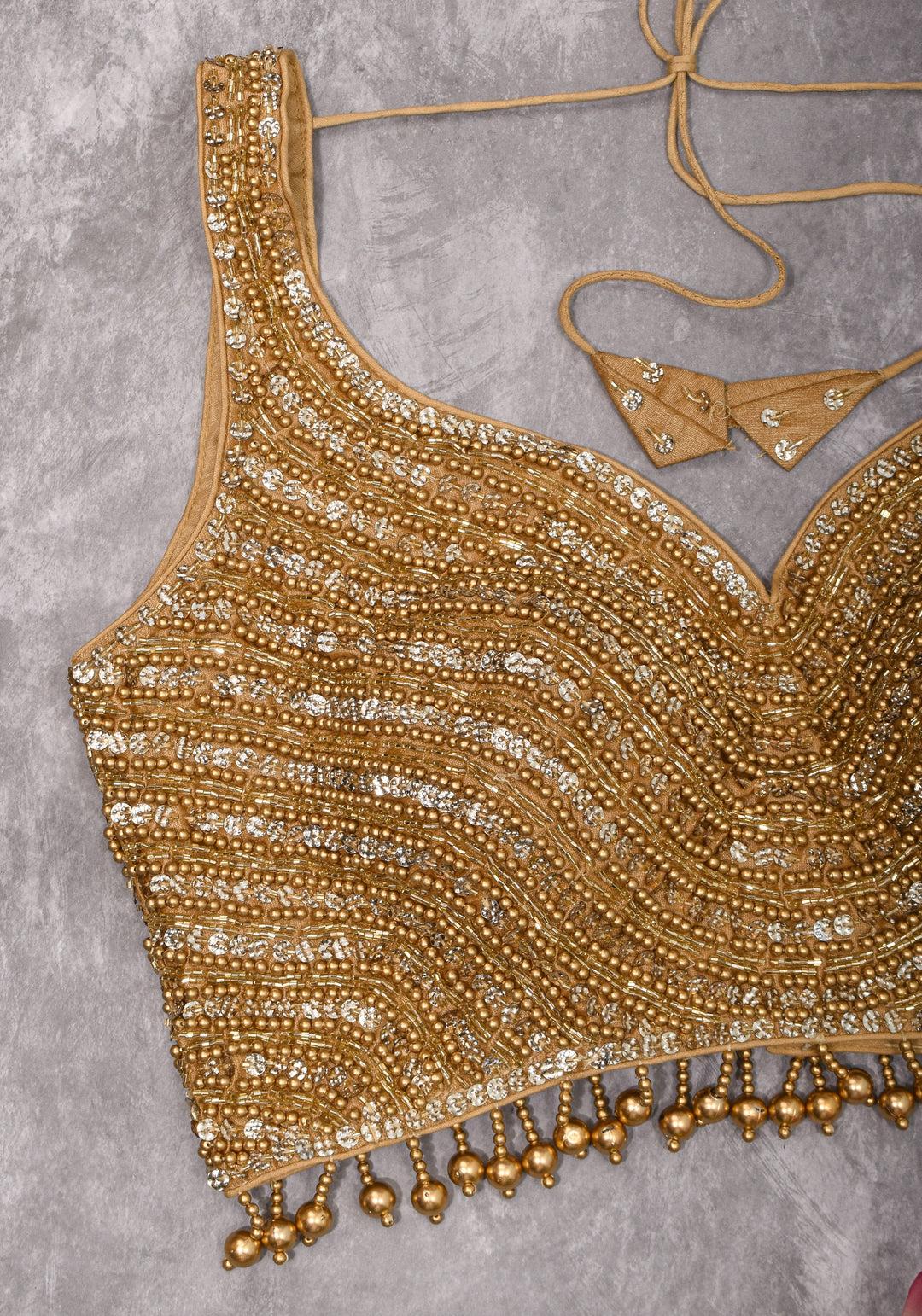 Moti Jadau Blouse with Gold translucent beads, Leaf neck with Sleeveless Blouse, Made to Order