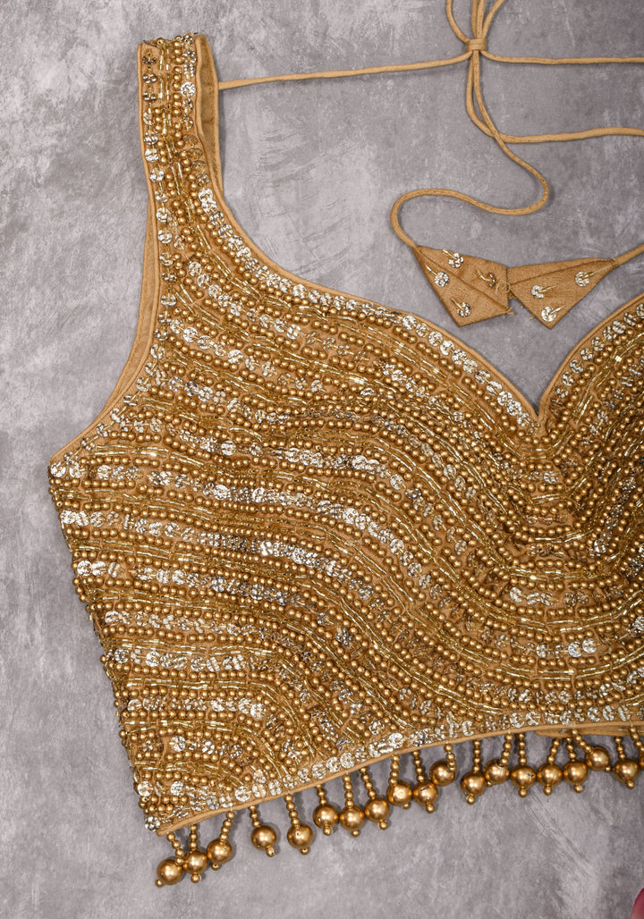 Moti Jadau Blouse with Gold translucent beads, Leaf neck with Sleeveless Blouse, Made to Order