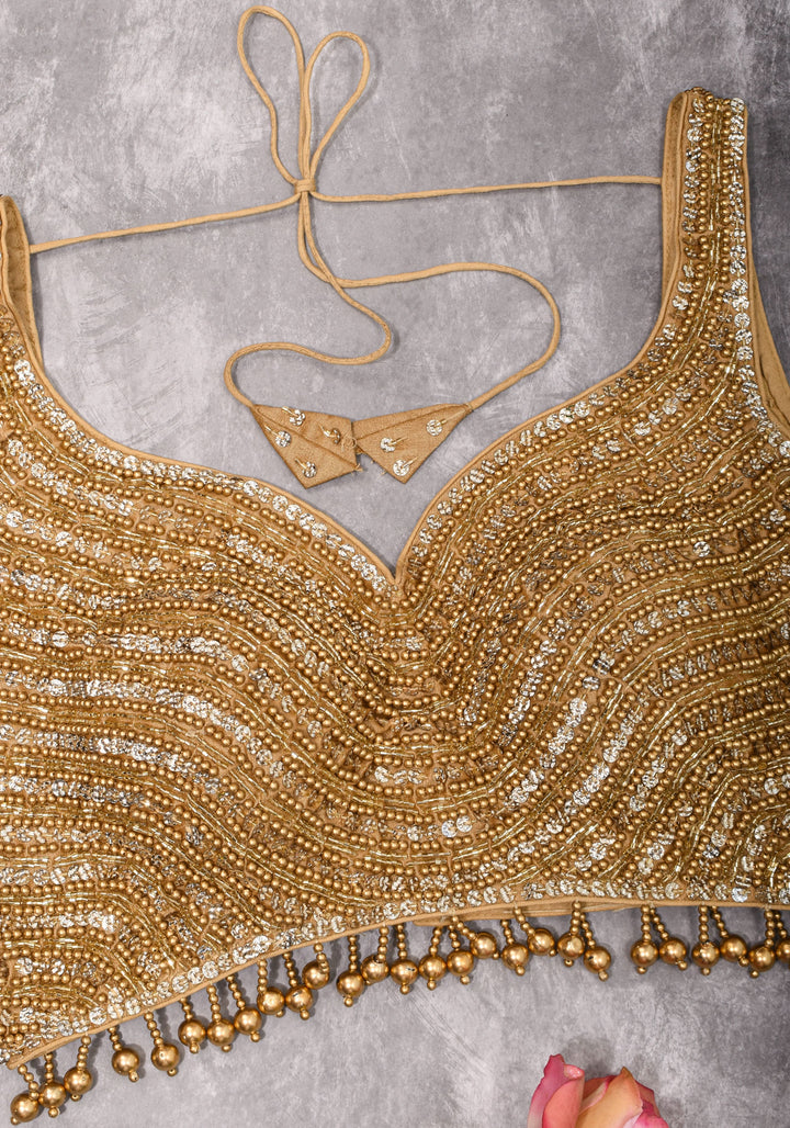 Moti Jadau Blouse with Gold translucent beads, Leaf neck with Sleeveless Blouse, Made to Order