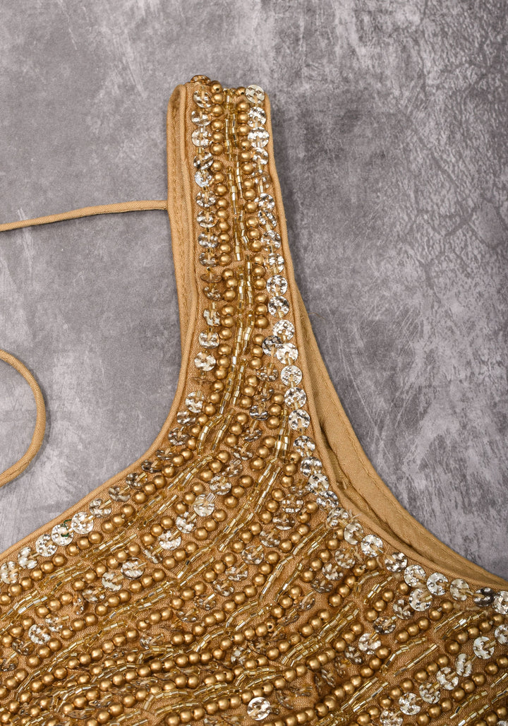 Moti Jadau Blouse with Gold translucent beads, Leaf neck with Sleeveless Blouse, Made to Order