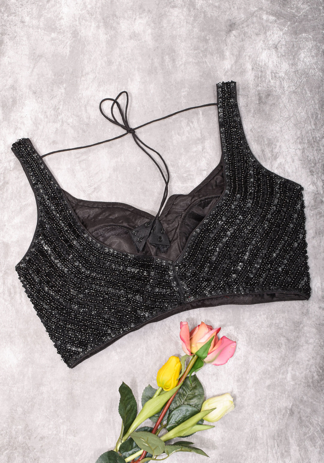 Moti Jadau Blouse with black translucent beads, Leaf neck with Sleeveless Blouse, Made to Order