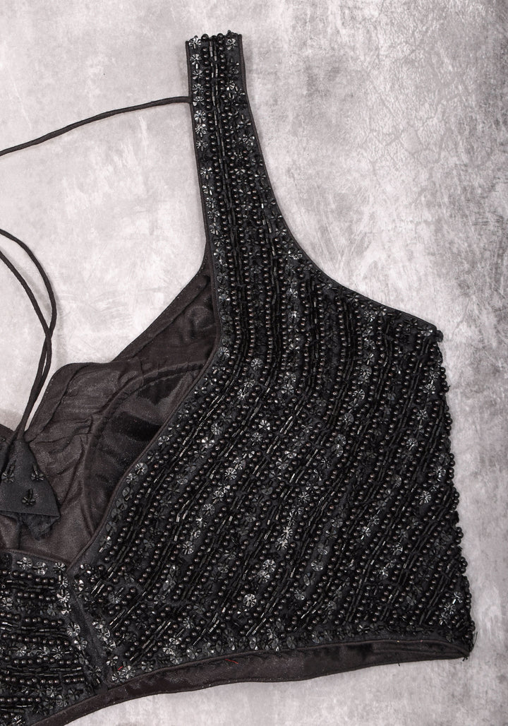 Moti Jadau Blouse with black translucent beads, Leaf neck with Sleeveless Blouse, Made to Order