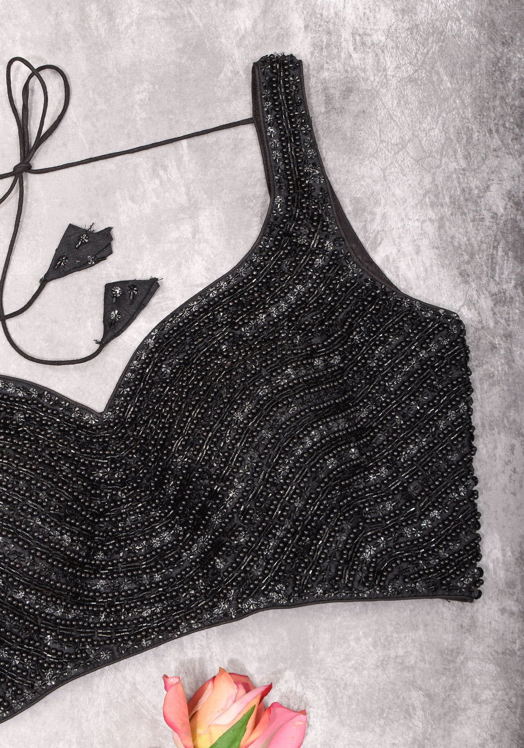 Moti Jadau Blouse with black translucent beads, Leaf neck with Sleeveless Blouse, Made to Order