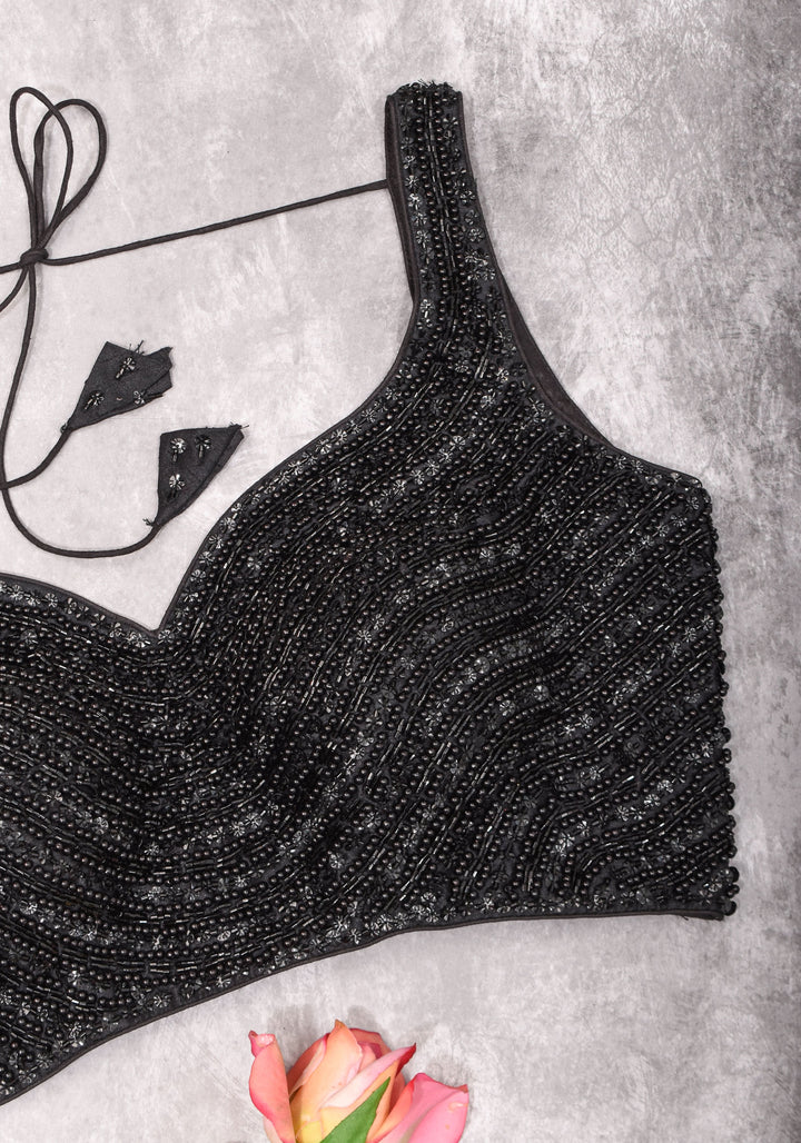 Moti Jadau Blouse with black translucent beads, Leaf neck with Sleeveless Blouse, Made to Order