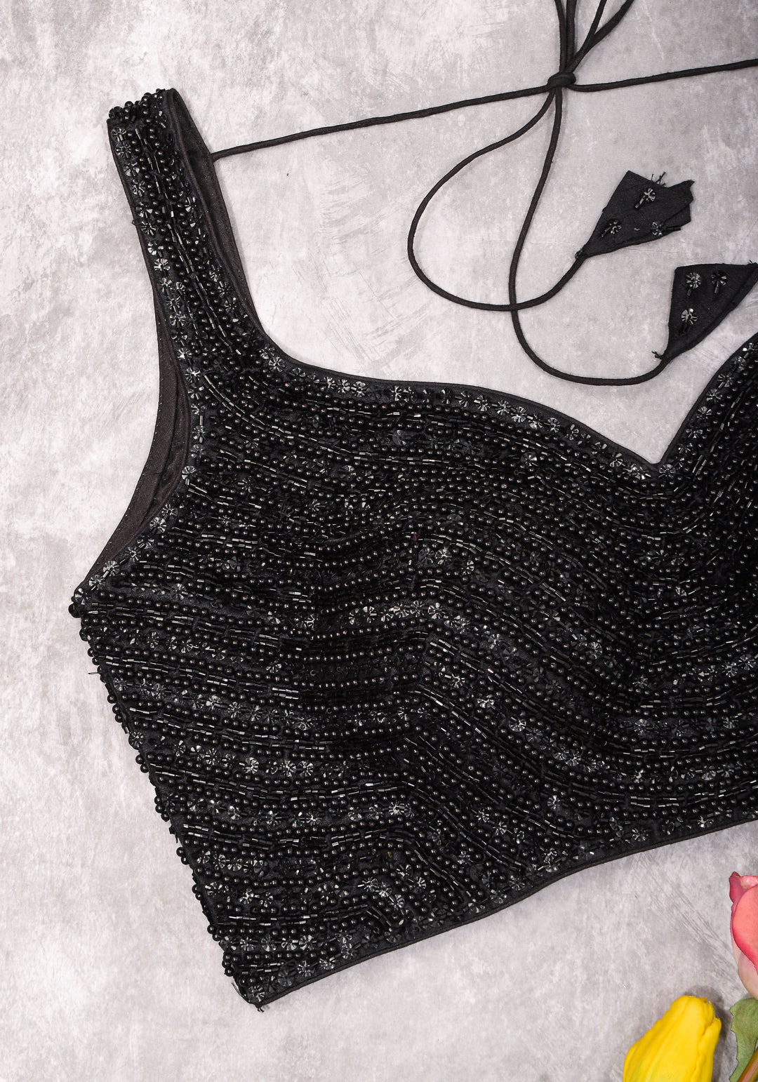Moti Jadau Blouse with black translucent beads, Leaf neck with Sleeveless Blouse, Made to Order