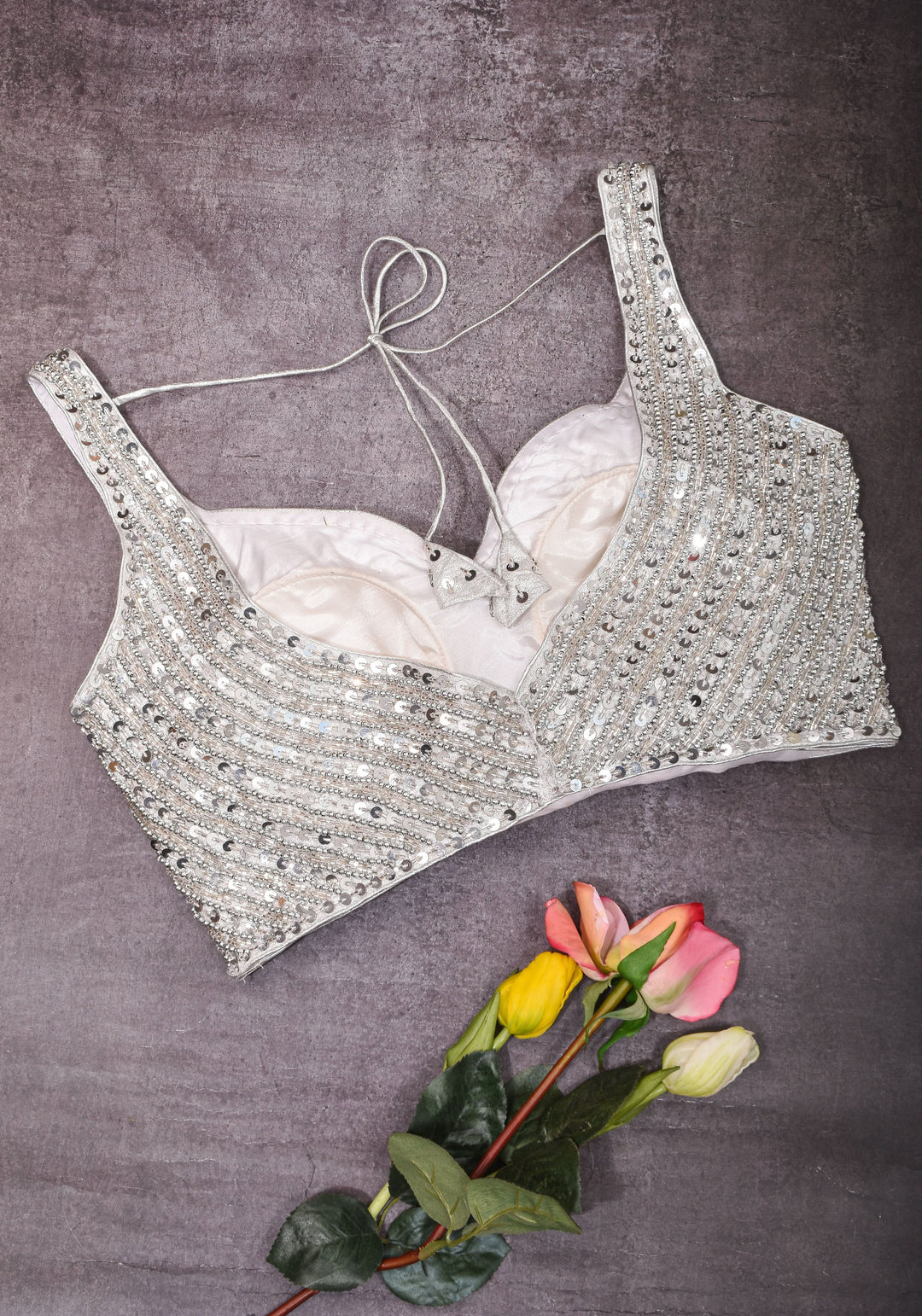 Moti Jadau Blouse with Silver translucent beads, Leaf neck with Sleeveless Blouse, Made to Order