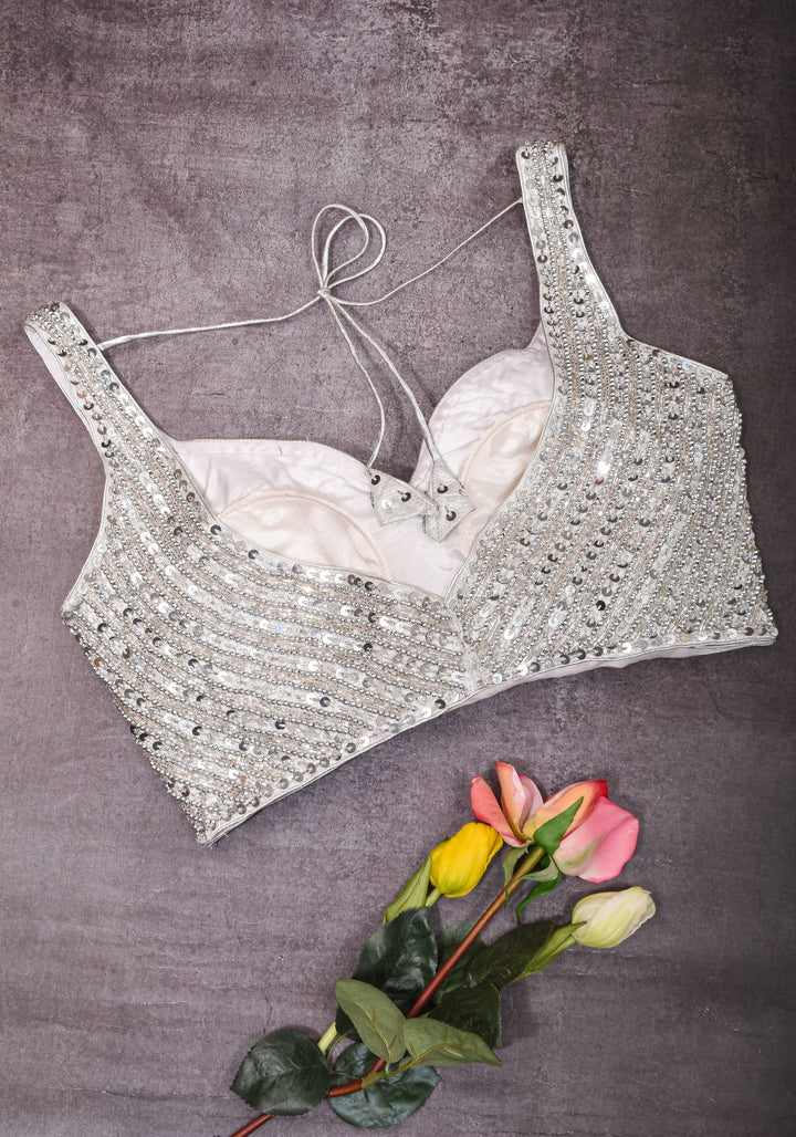 Moti Jadau Blouse with Silver translucent beads, Leaf neck with Sleeveless Blouse, Made to Order