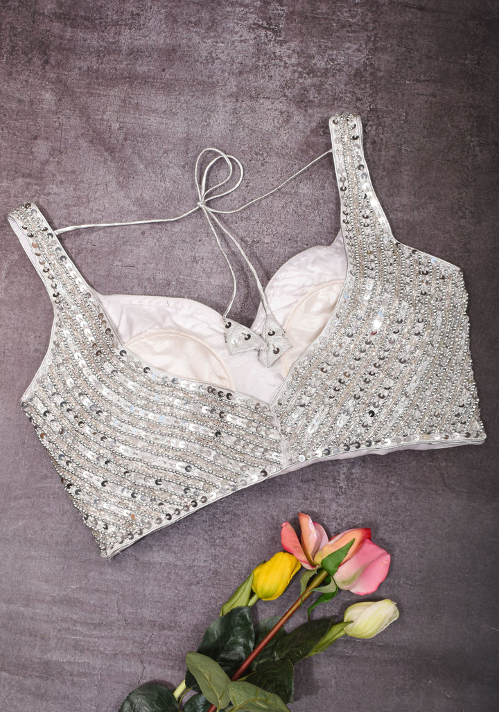 Moti Jadau Blouse with Silver translucent beads, Leaf neck with Sleeveless Blouse, Made to Order