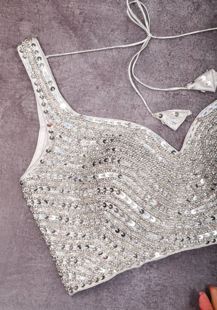 Moti Jadau Blouse with Silver translucent beads, Leaf neck with Sleeveless Blouse, Made to Order