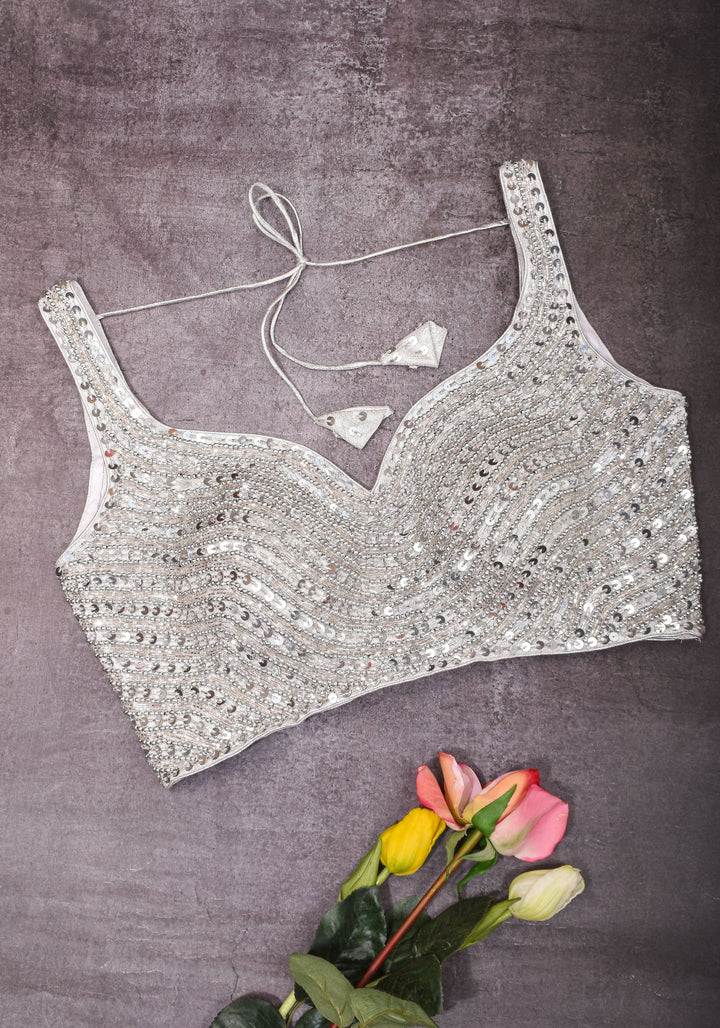 Moti Jadau Blouse with Silver translucent beads, Leaf neck with Sleeveless Blouse, Made to Order