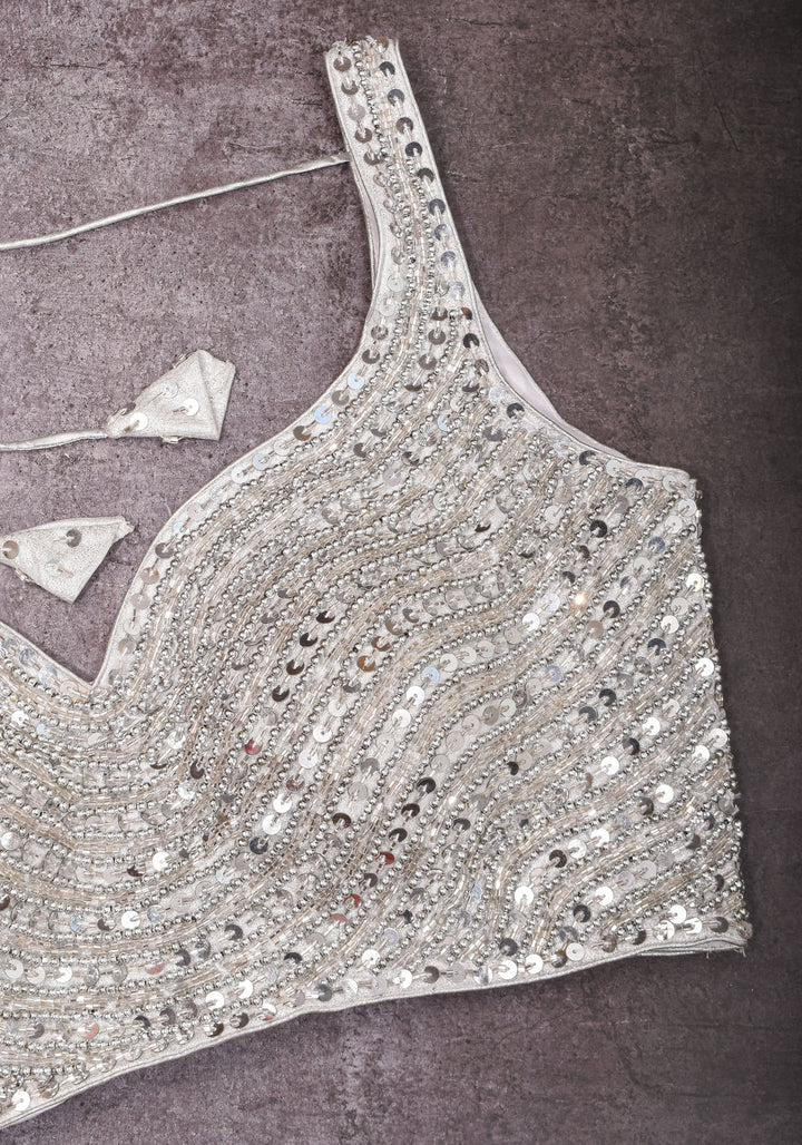Moti Jadau Blouse with Silver translucent beads, Leaf neck with Sleeveless Blouse, Made to Order