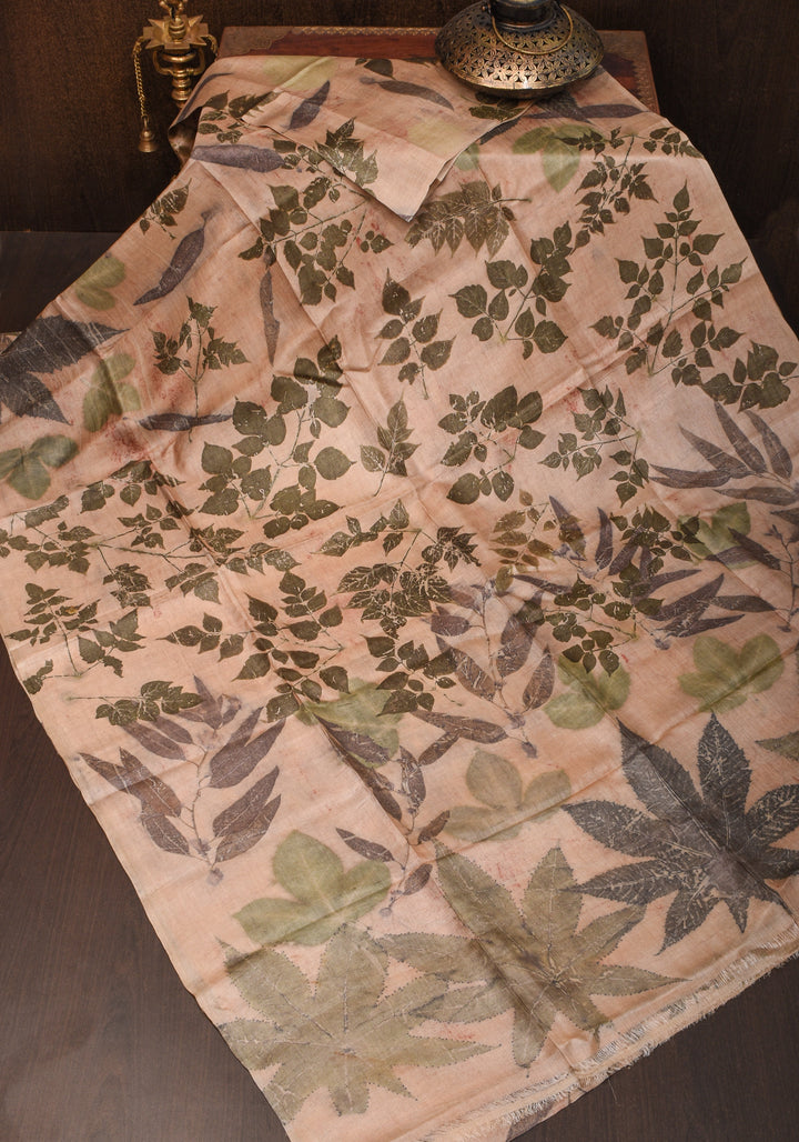 Tuscan Pure Tussar Silk Saree with Eco Leaf Prints | SILK MARK CERTIFIED