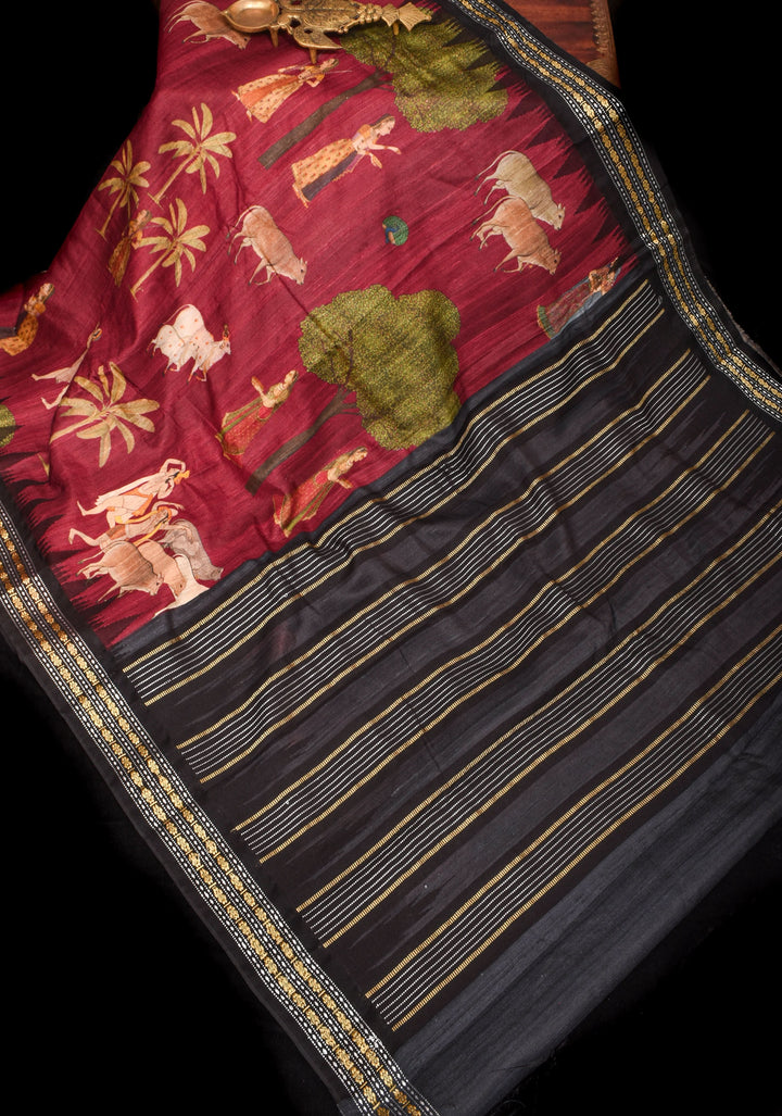 Maroon Vidarbha Tussar Silk Saree with Pichwai Digital Print and Contrast Border  | SILK MARK CERTIFIED