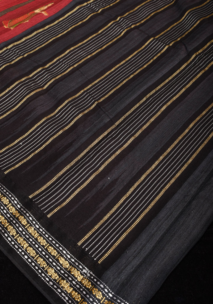 Maroon Vidarbha Tussar Silk Saree with Pichwai Digital Print and Contrast Border  | SILK MARK CERTIFIED