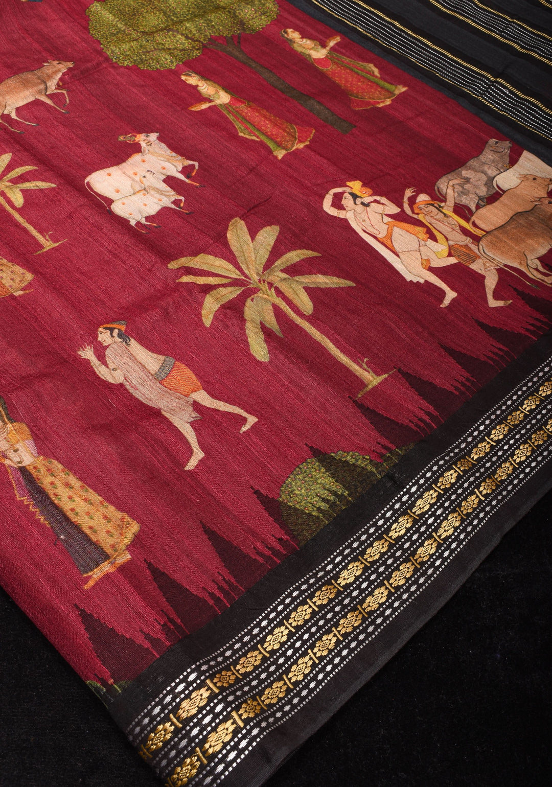 Maroon Vidarbha Tussar Silk Saree with Pichwai Digital Print and Contrast Border  | SILK MARK CERTIFIED
