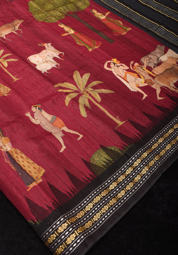 Maroon Vidarbha Tussar Silk Saree with Pichwai Digital Print and Contrast Border  | SILK MARK CERTIFIED