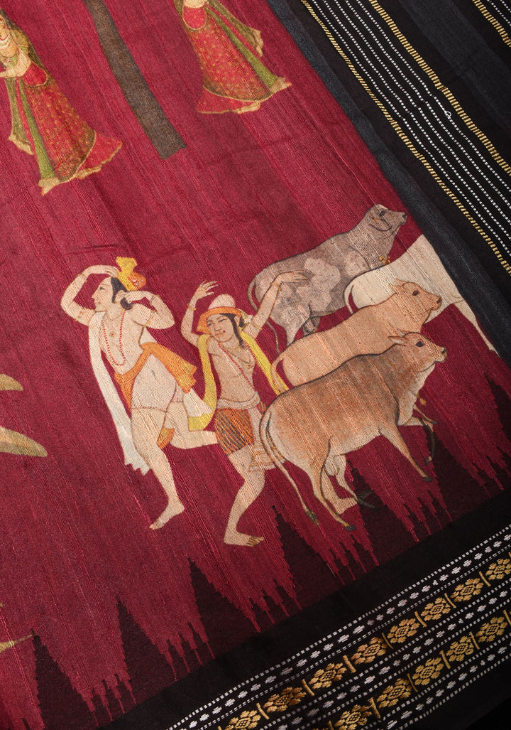 Maroon Vidarbha Tussar Silk Saree with Pichwai Digital Print and Contrast Border  | SILK MARK CERTIFIED