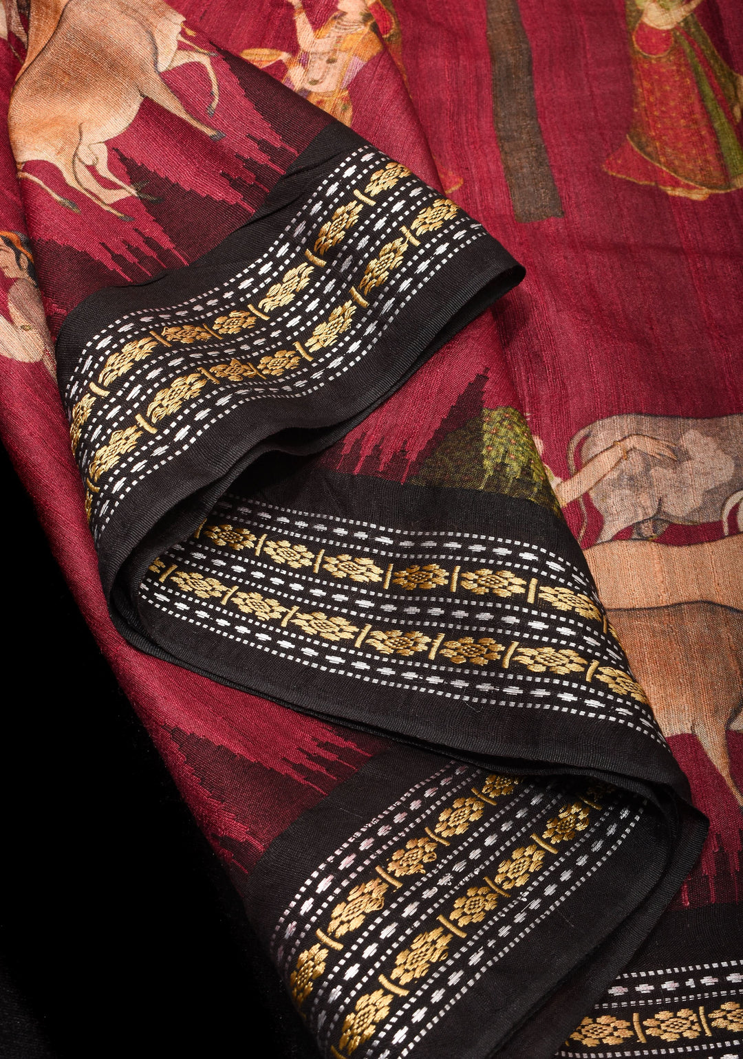 Maroon Vidarbha Tussar Silk Saree with Pichwai Digital Print and Contrast Border  | SILK MARK CERTIFIED