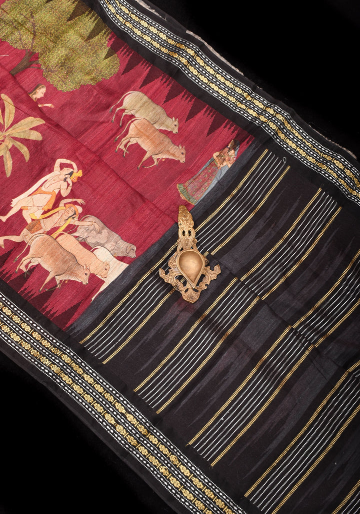 Maroon Vidarbha Tussar Silk Saree with Pichwai Digital Print and Contrast Border  | SILK MARK CERTIFIED