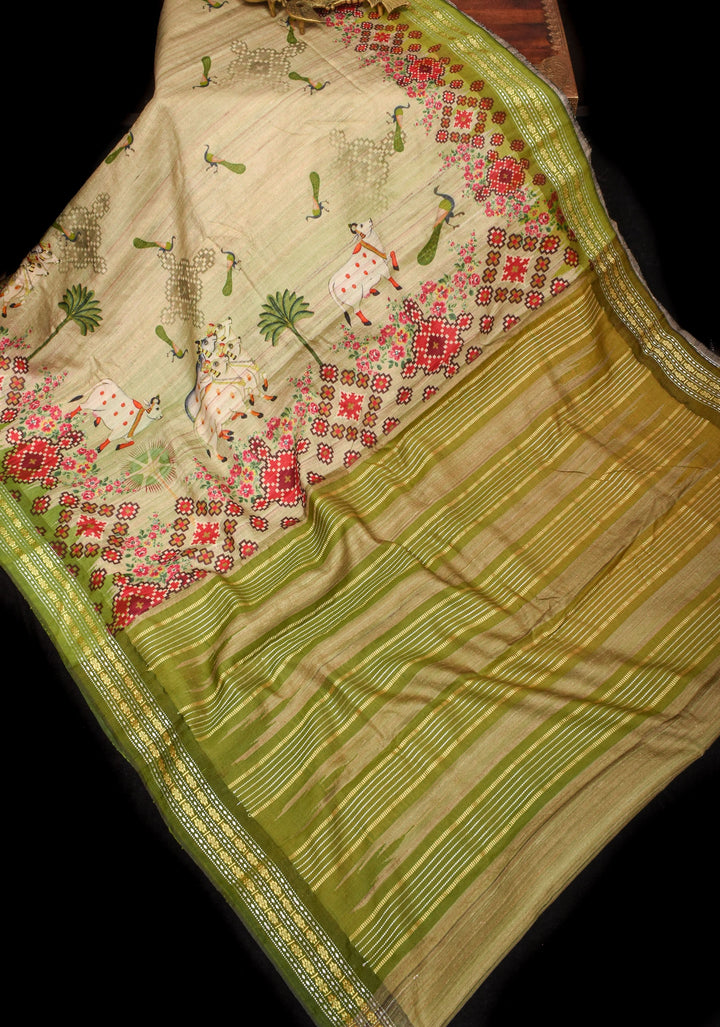 Natural Color Vidarbha Tussar Silk Saree with Pichwai Digital Print and Contrast  Border  | SILK MARK CERTIFIED