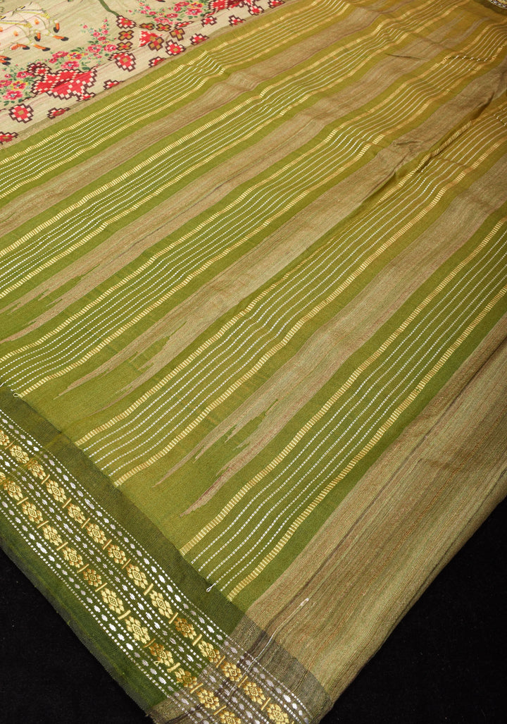 Natural Color Vidarbha Tussar Silk Saree with Pichwai Digital Print and Contrast  Border  | SILK MARK CERTIFIED