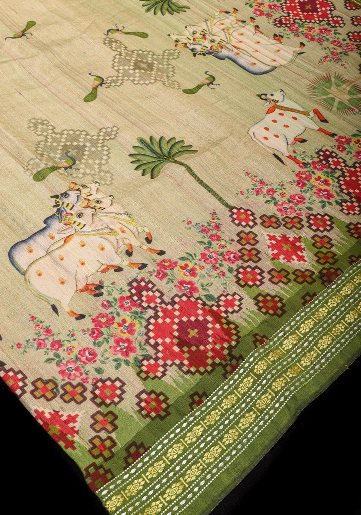 Natural Color Vidarbha Tussar Silk Saree with Pichwai Digital Print and Contrast  Border  | SILK MARK CERTIFIED