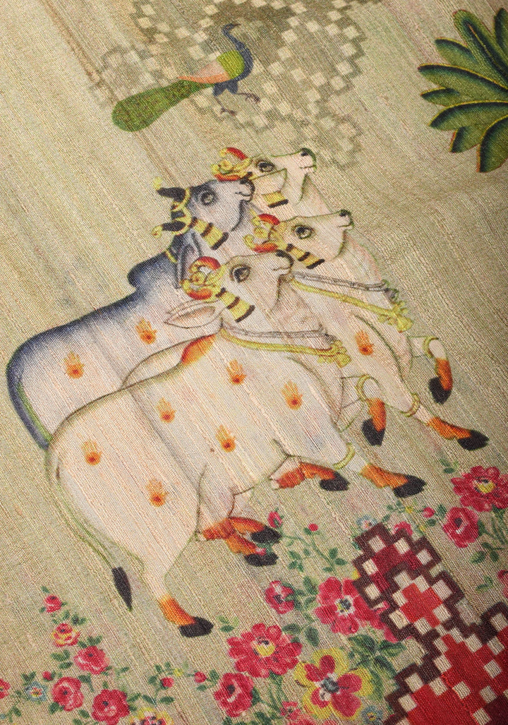 Natural Color Vidarbha Tussar Silk Saree with Pichwai Digital Print and Contrast  Border  | SILK MARK CERTIFIED