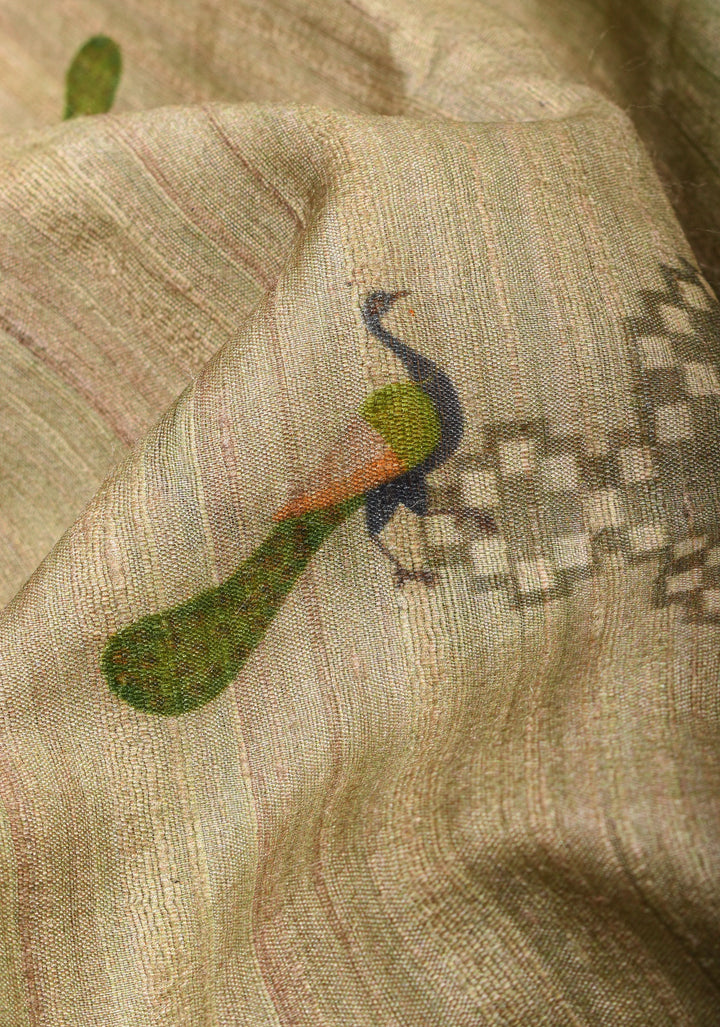 Natural Color Vidarbha Tussar Silk Saree with Pichwai Digital Print and Contrast  Border  | SILK MARK CERTIFIED