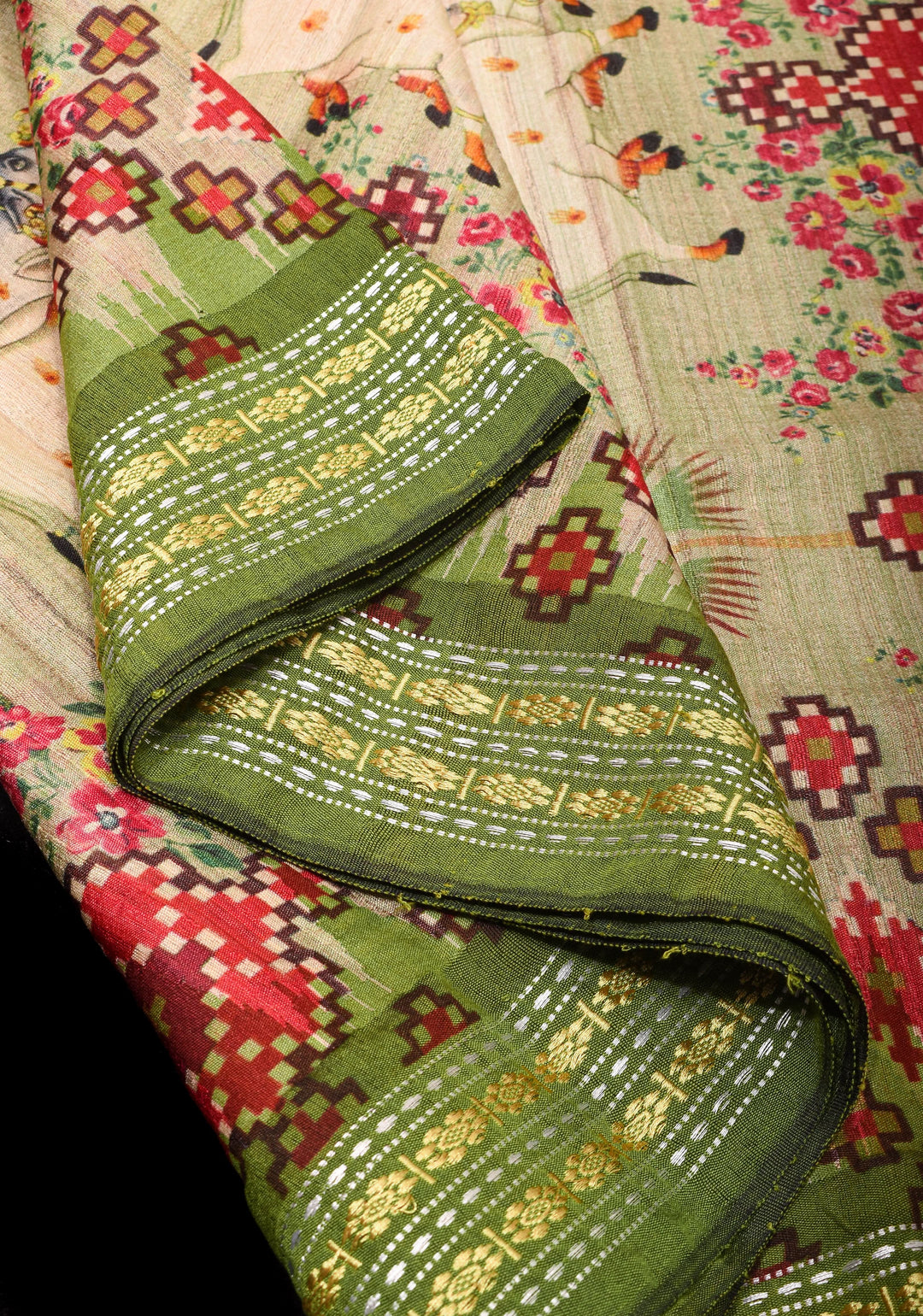 Natural Color Vidarbha Tussar Silk Saree with Pichwai Digital Print and Contrast  Border  | SILK MARK CERTIFIED