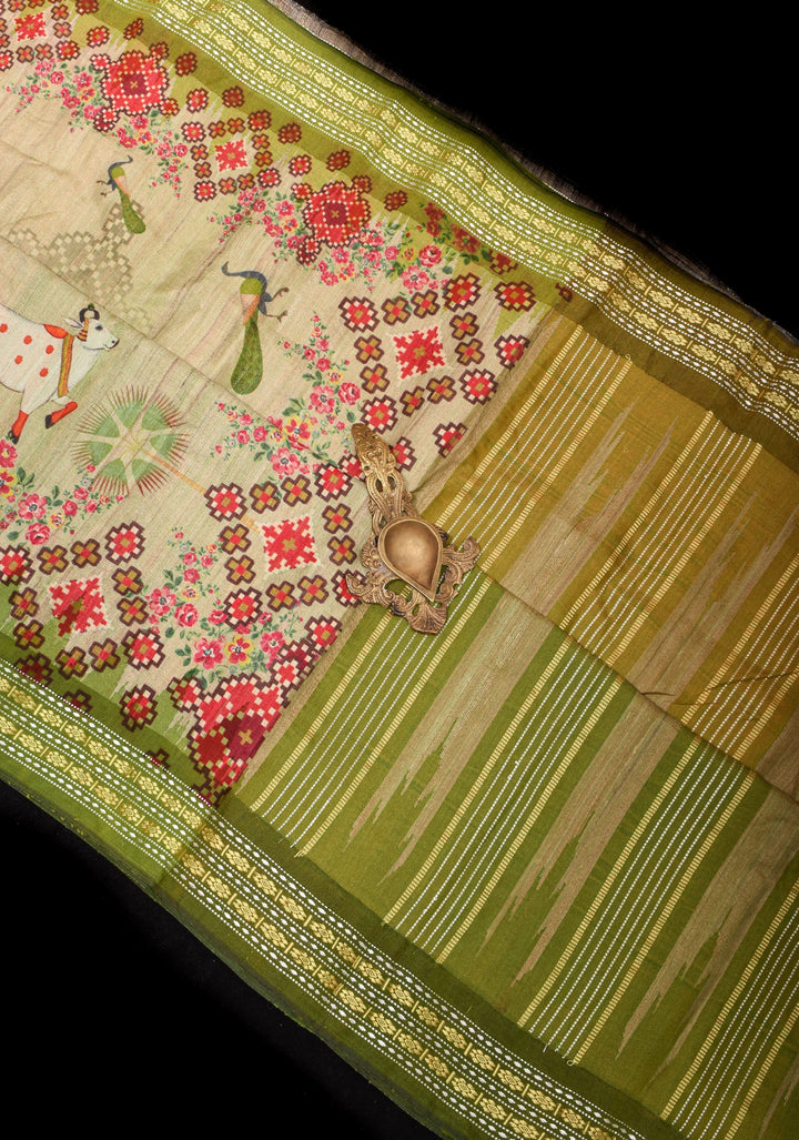 Natural Color Vidarbha Tussar Silk Saree with Pichwai Digital Print and Contrast  Border  | SILK MARK CERTIFIED