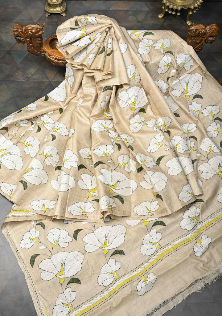 Beige Floral Kantha Hand Embroidery Work on Tussar Silk Saree | SILK MARK CERTIFIED