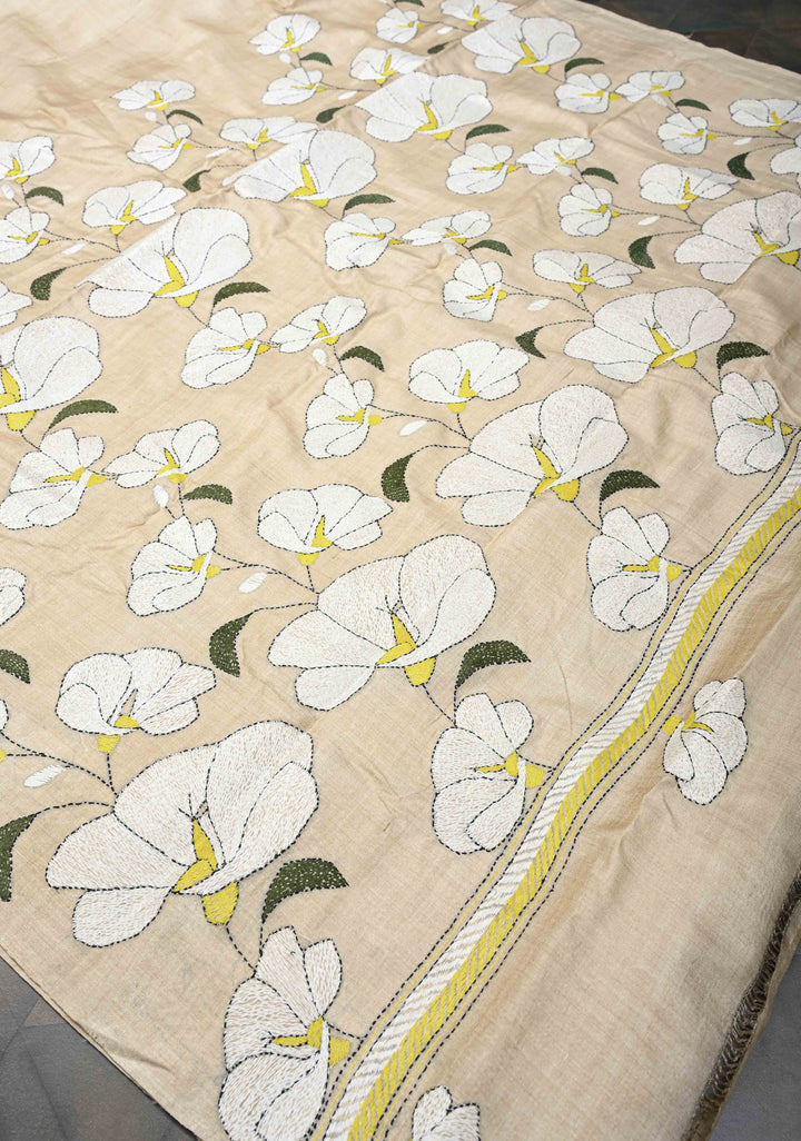 Beige Floral Kantha Hand Embroidery Work on Tussar Silk Saree | SILK MARK CERTIFIED