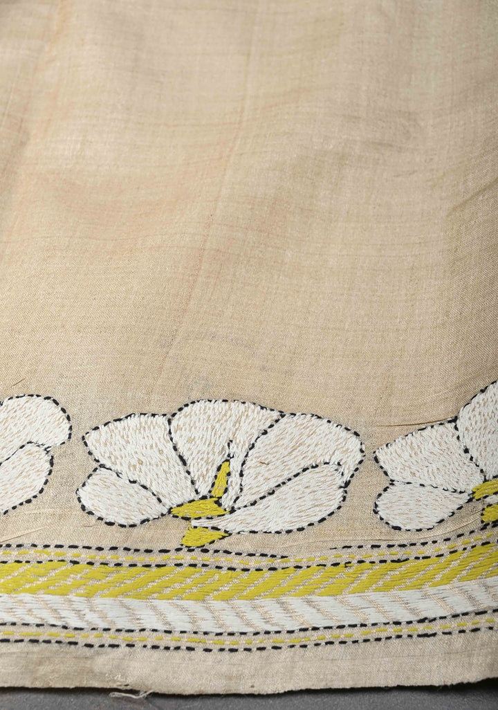 Beige Floral Kantha Hand Embroidery Work on Tussar Silk Saree | SILK MARK CERTIFIED