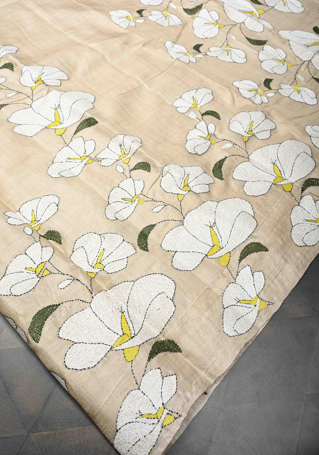 Beige Floral Kantha Hand Embroidery Work on Tussar Silk Saree | SILK MARK CERTIFIED