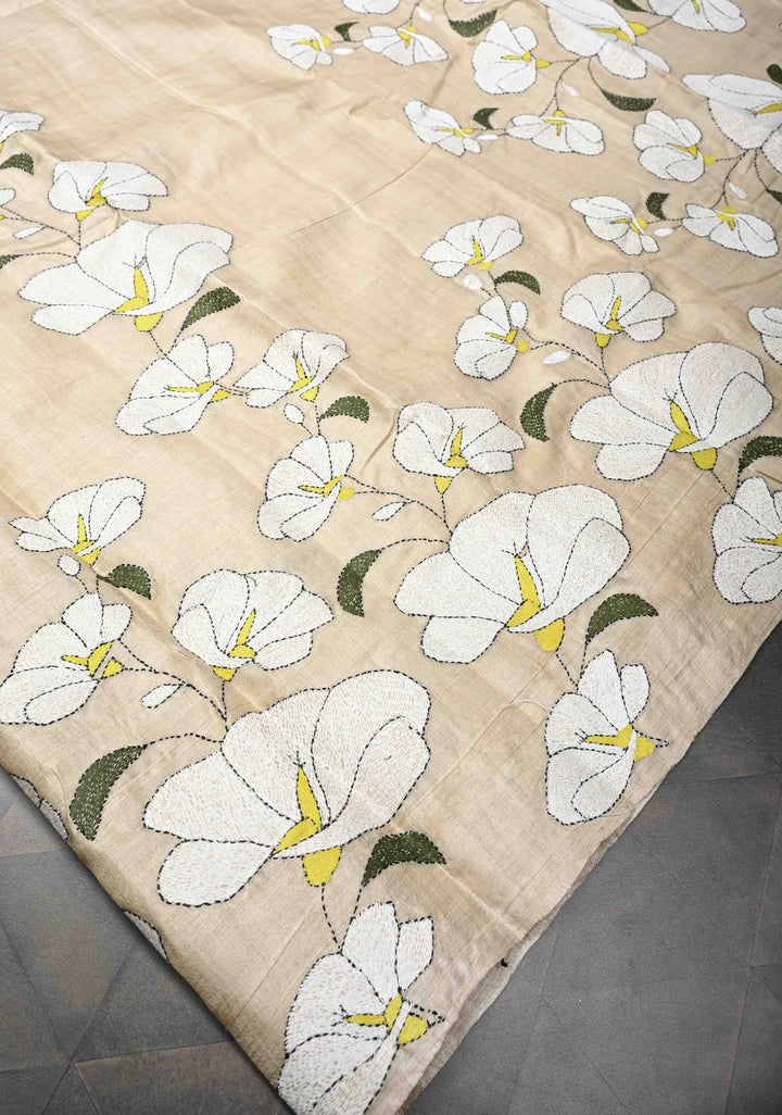Beige Floral Kantha Hand Embroidery Work on Tussar Silk Saree | SILK MARK CERTIFIED