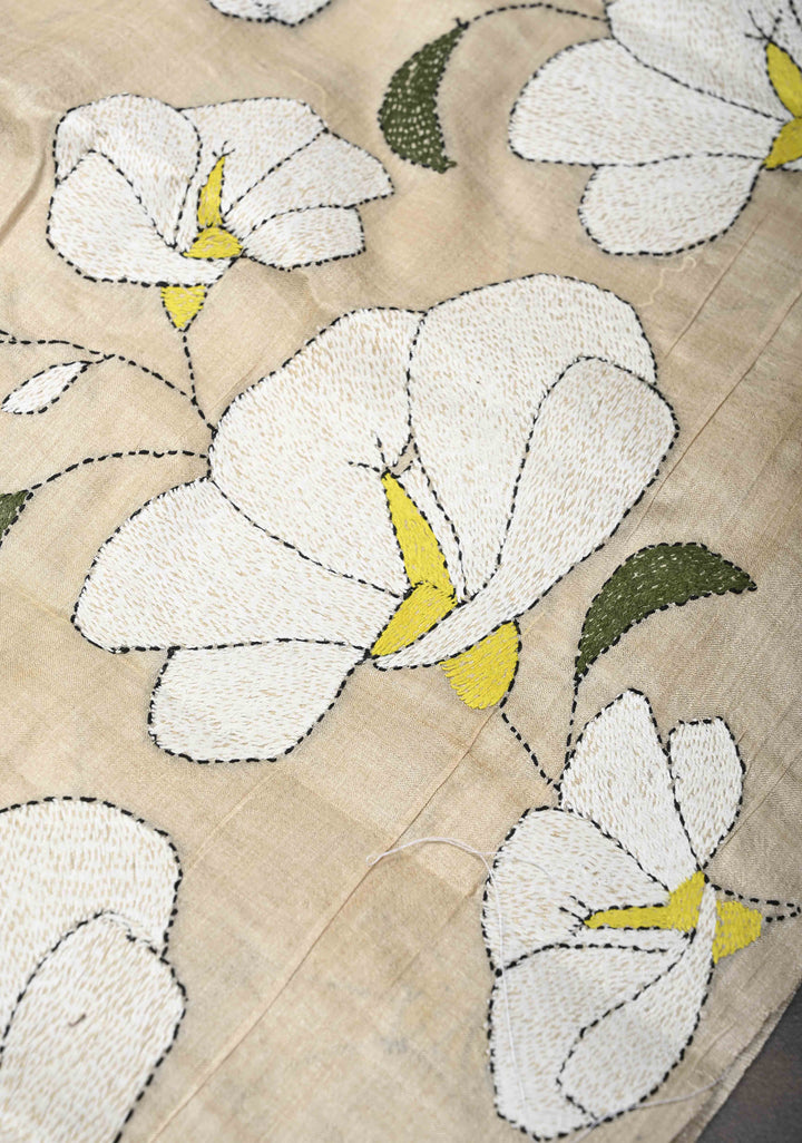 Beige Floral Kantha Hand Embroidery Work on Tussar Silk Saree | SILK MARK CERTIFIED
