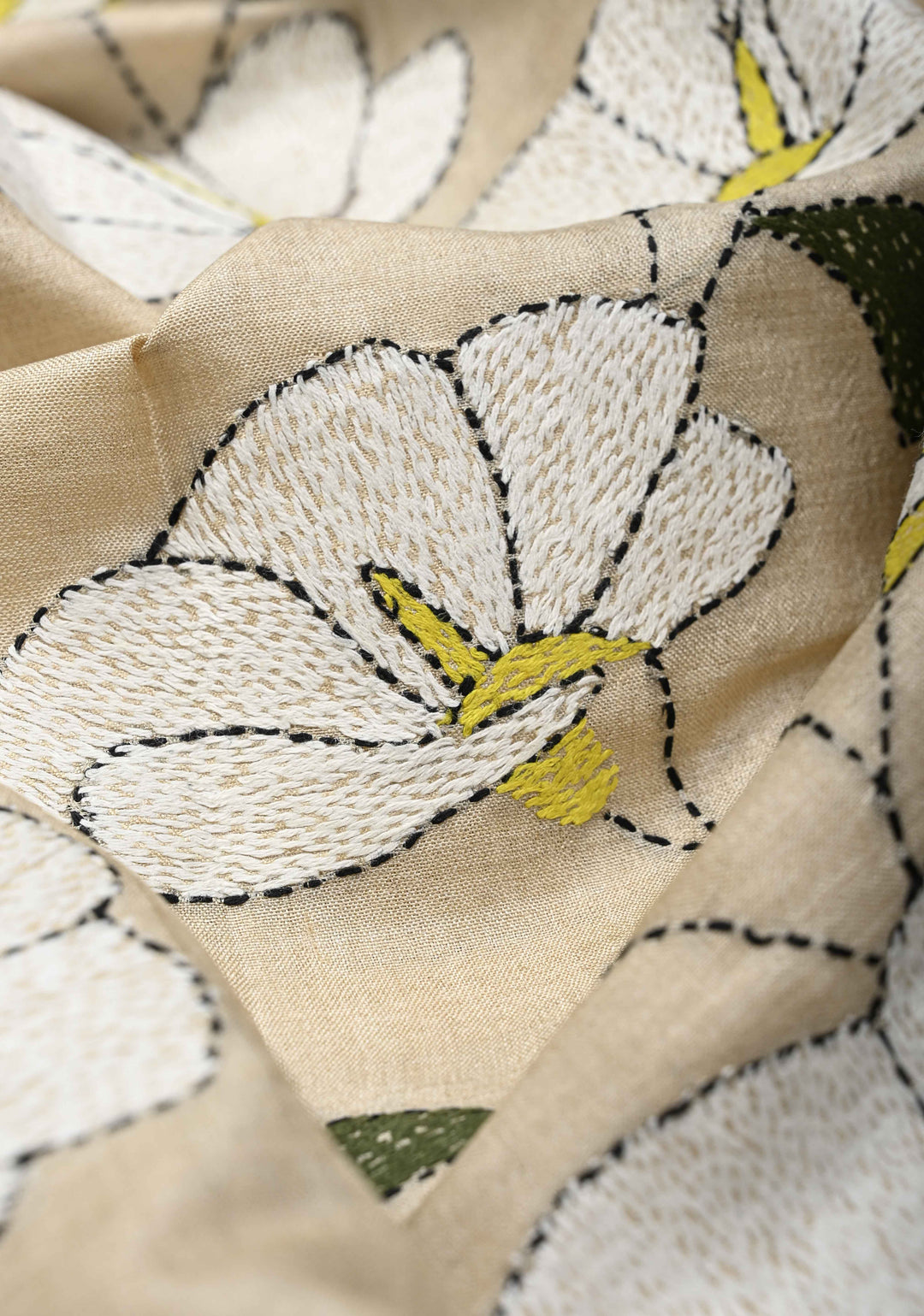 Beige Floral Kantha Hand Embroidery Work on Tussar Silk Saree | SILK MARK CERTIFIED