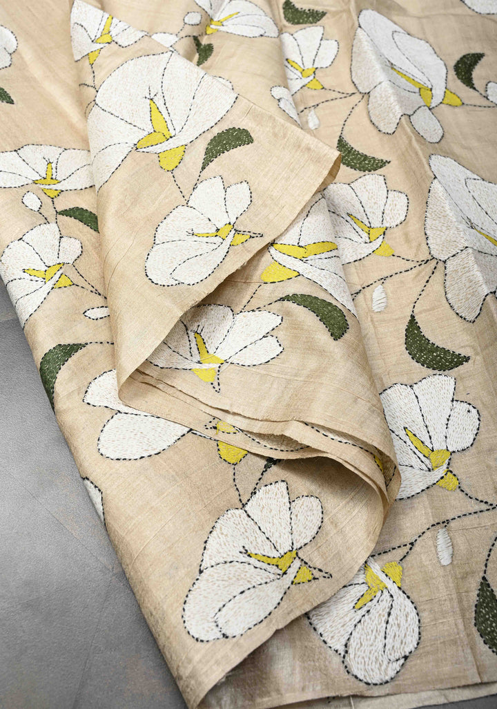 Beige Floral Kantha Hand Embroidery Work on Tussar Silk Saree | SILK MARK CERTIFIED