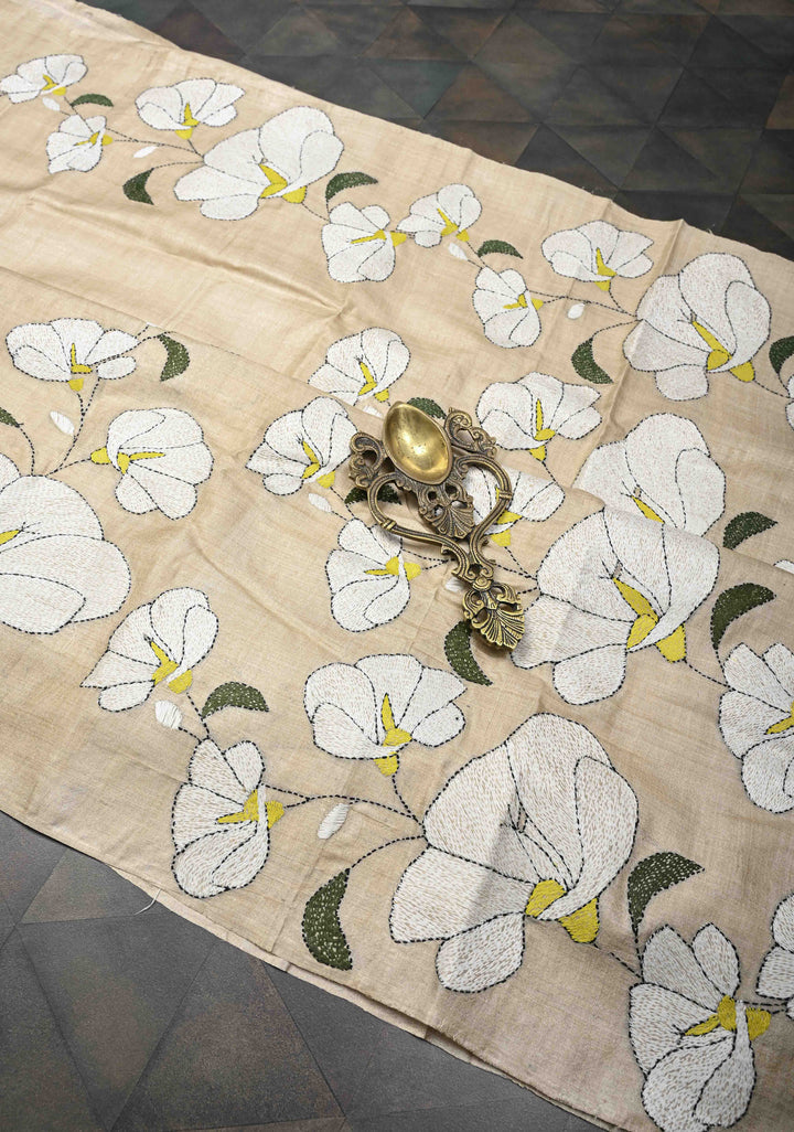 Beige Floral Kantha Hand Embroidery Work on Tussar Silk Saree | SILK MARK CERTIFIED