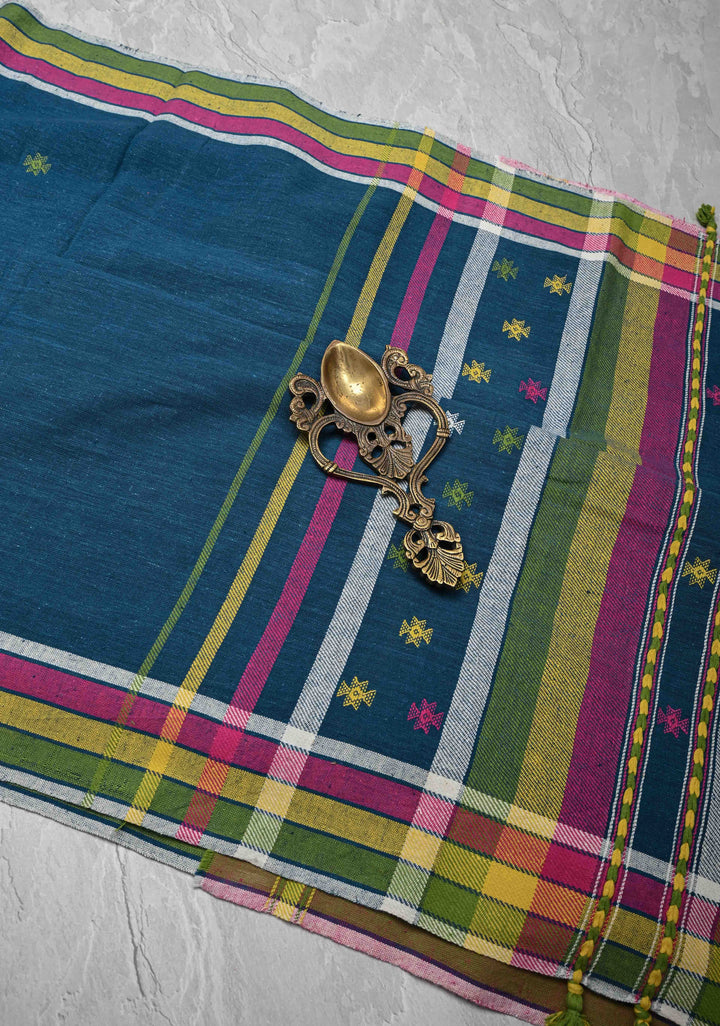 Peacock Blue Handloom Bhujodi Kala Cotton Saree with Meenakari Resham Buttas And Multicolor Stripes border