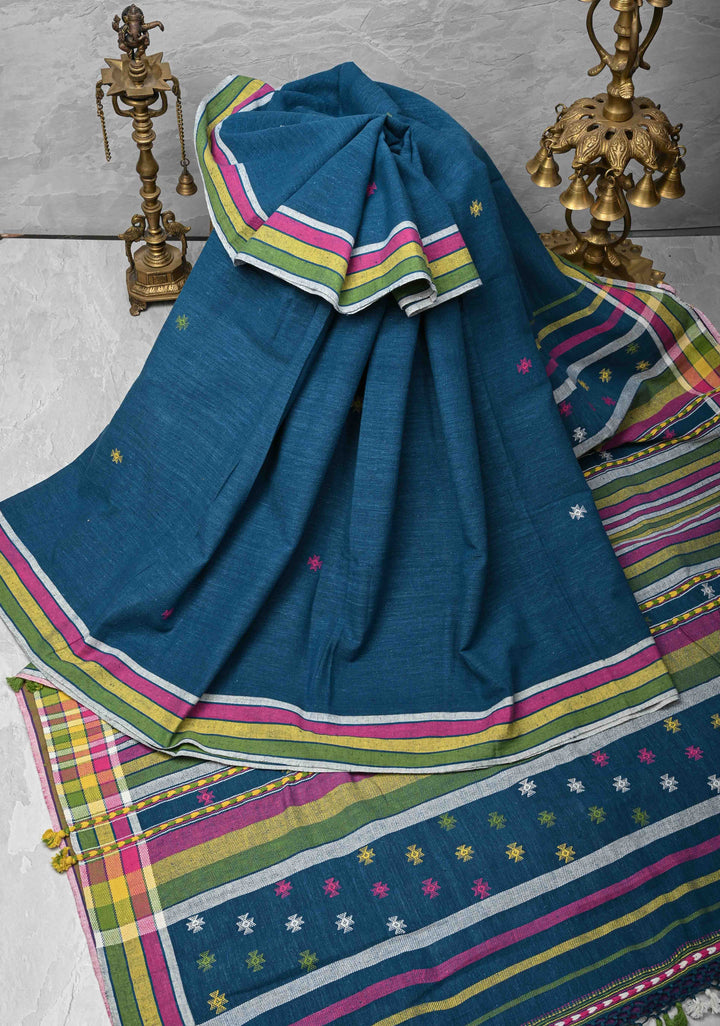 Peacock Blue Handloom Bhujodi Kala Cotton Saree with Meenakari Resham Buttas And Multicolor Stripes border