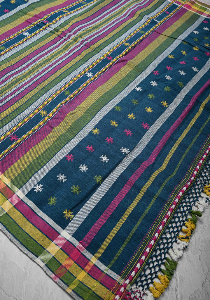 Peacock Blue Handloom Bhujodi Kala Cotton Saree with Meenakari Resham Buttas And Multicolor Stripes border