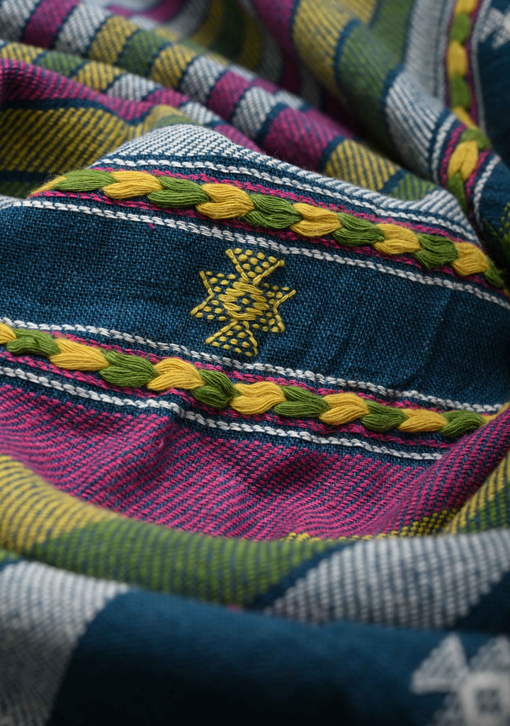 Peacock Blue Handloom Bhujodi Kala Cotton Saree with Meenakari Resham Buttas And Multicolor Stripes border