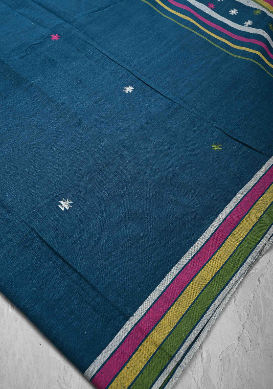 Peacock Blue Handloom Bhujodi Kala Cotton Saree with Meenakari Resham Buttas And Multicolor Stripes border