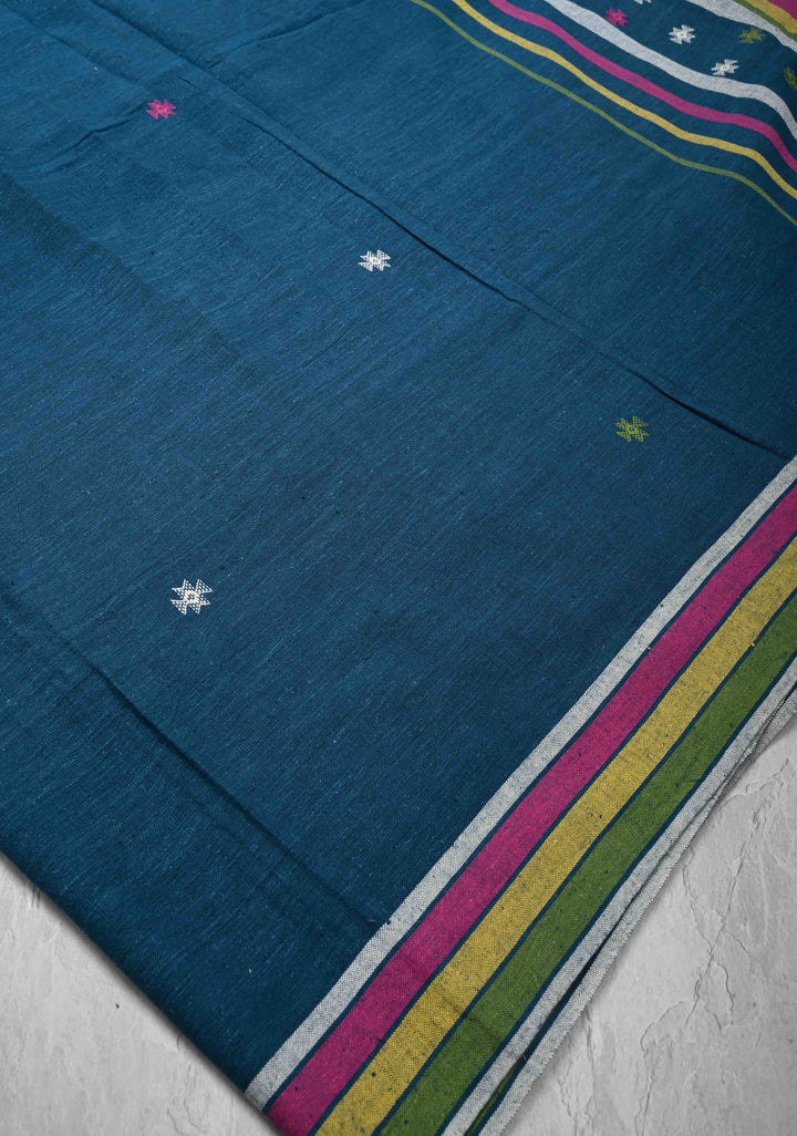 Peacock Blue Handloom Bhujodi Kala Cotton Saree with Meenakari Resham Buttas And Multicolor Stripes border